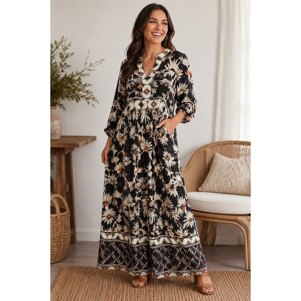 NWT Shana Floral Printed Midi Dress Size XL Boho Viscose Silk Artisan Dress